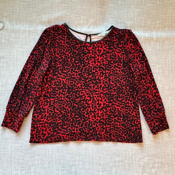 Cleo Petites Red & Black Animal Print Top XL w/ Faux Leather Trim Long Sleeve - Picture 6 of 13